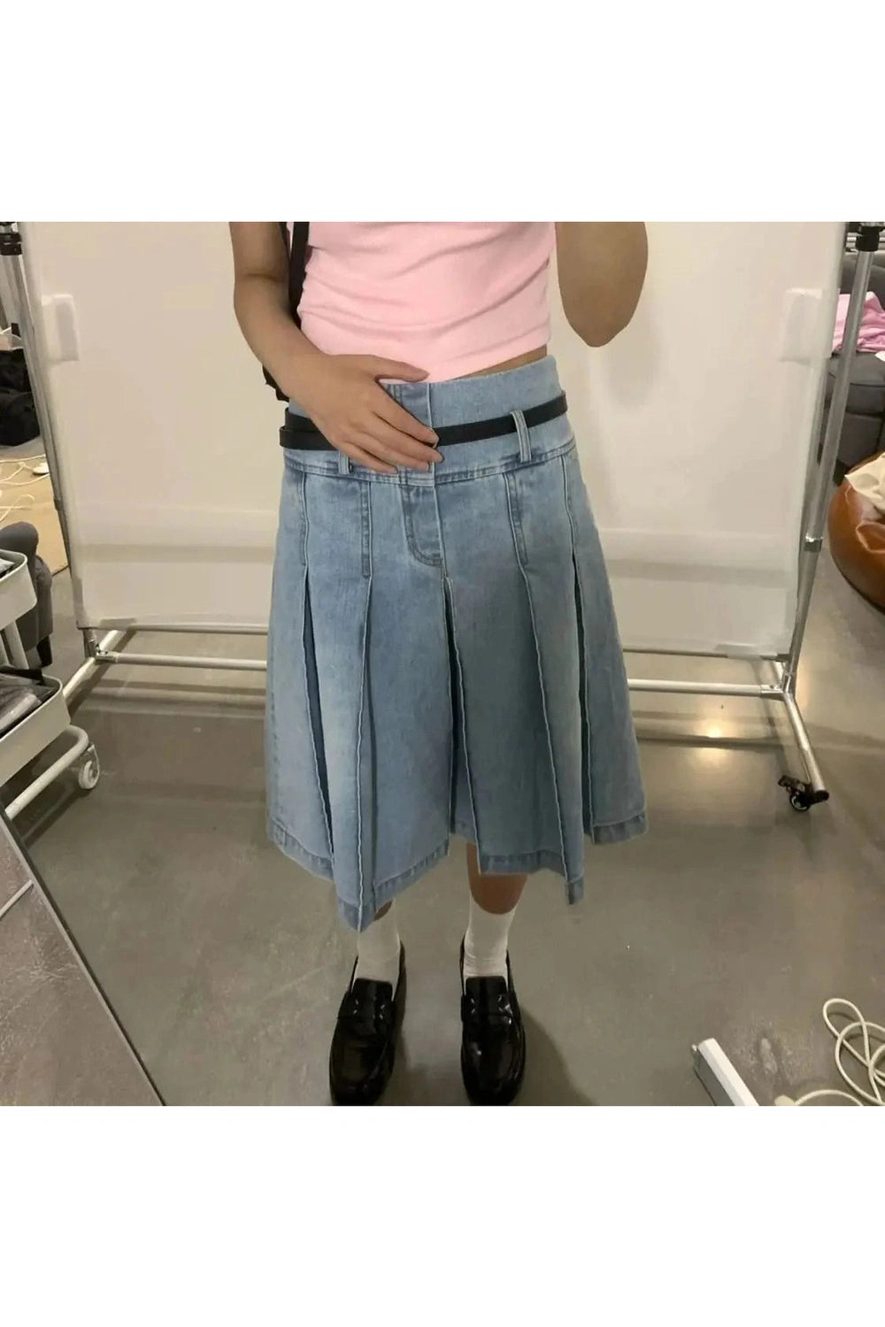 Y2k Pleated Blue Jeans Midi Skirt