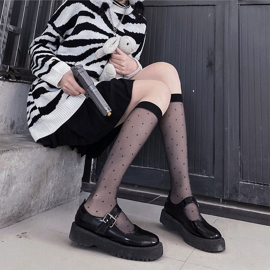 Y2k Polka Dot Mesh Knee Socks