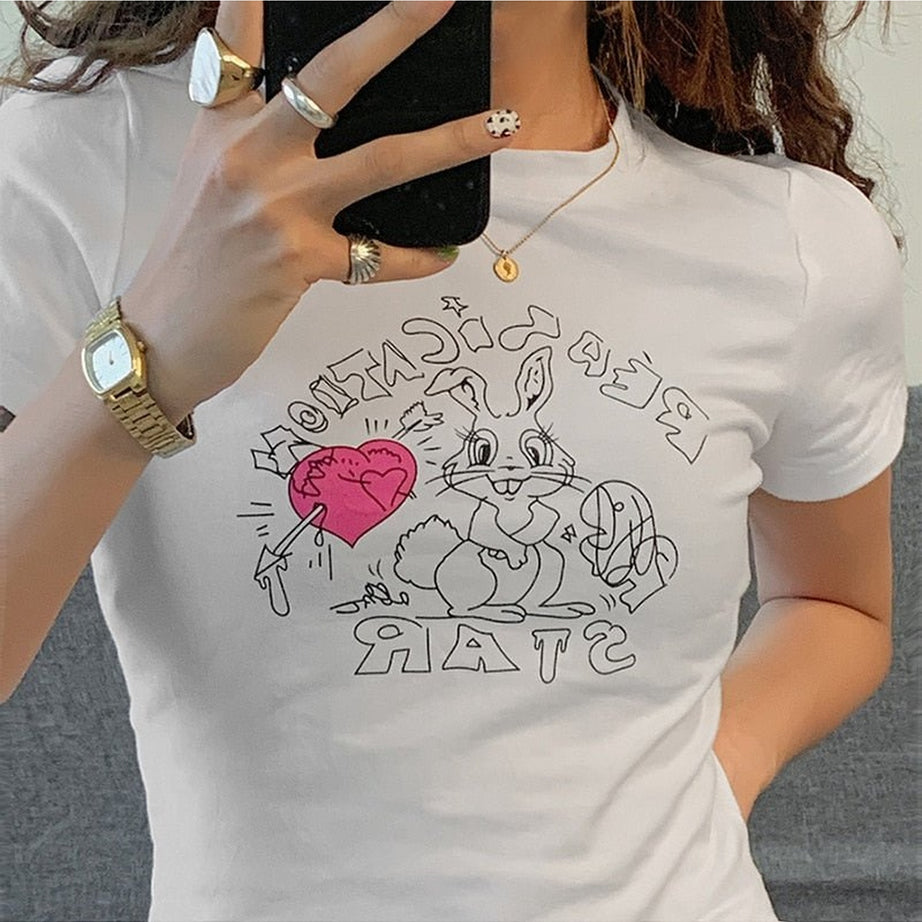 Y2k Preppy Cute Rabbit Print Crop Top