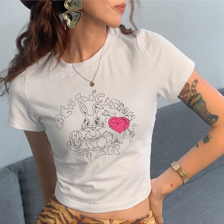 Y2k Preppy Cute Rabbit Print Crop Top