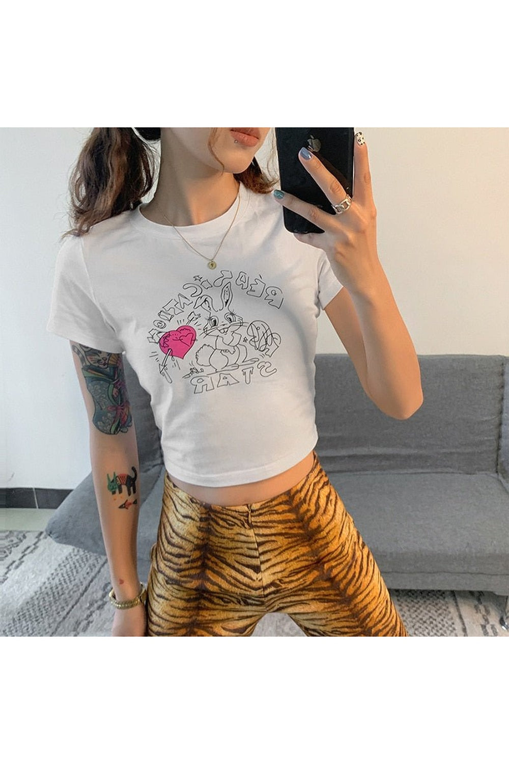 Y2k Preppy Cute Rabbit Print Crop Top