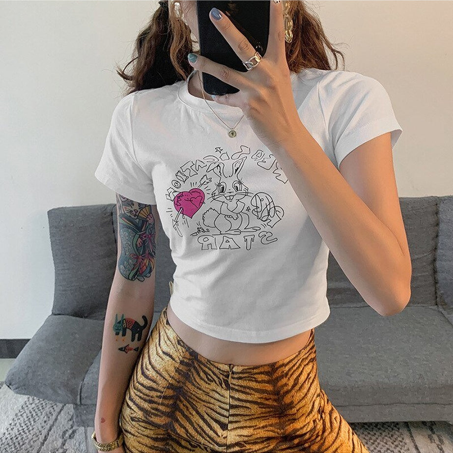 Y2k Preppy Cute Rabbit Print Crop Top