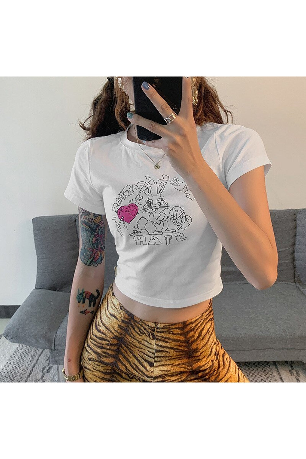 Y2k Preppy Cute Rabbit Print Crop Top
