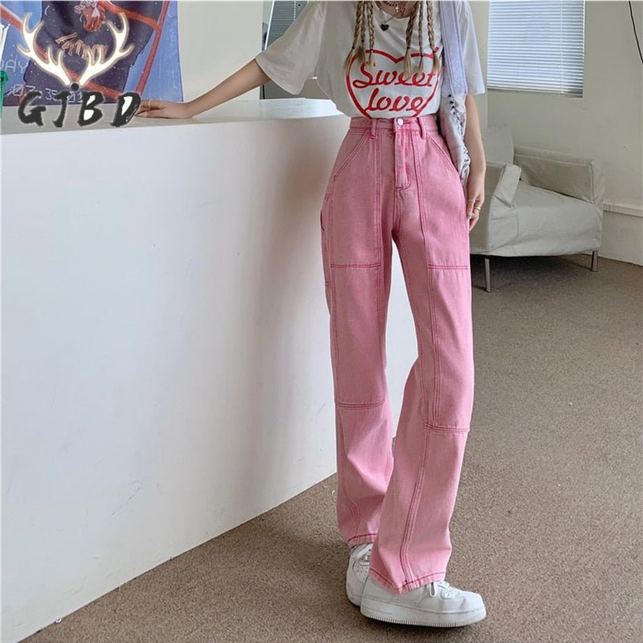 Y2k Preppy Fashion Pink Denim Pants