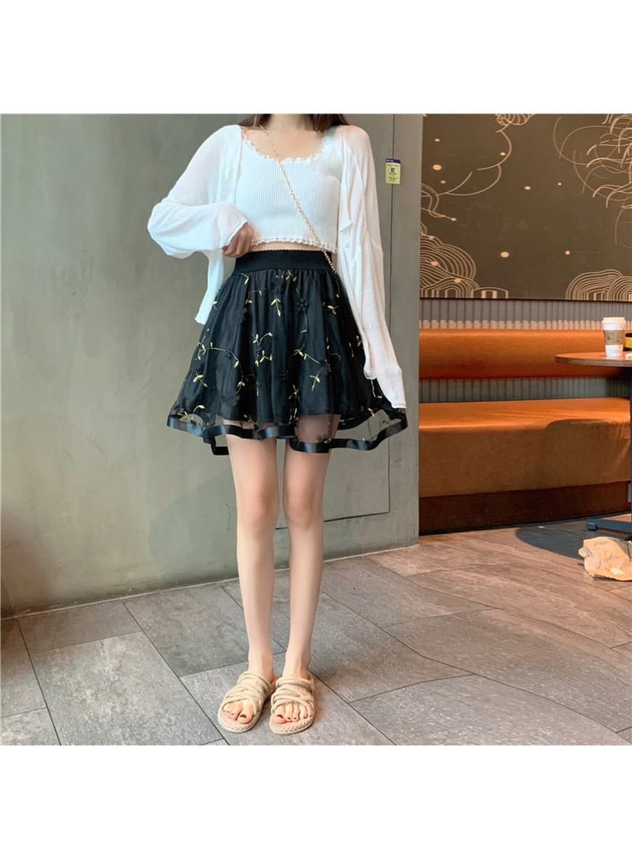 Y2k Preppy Mesh Floral Mini Skirt