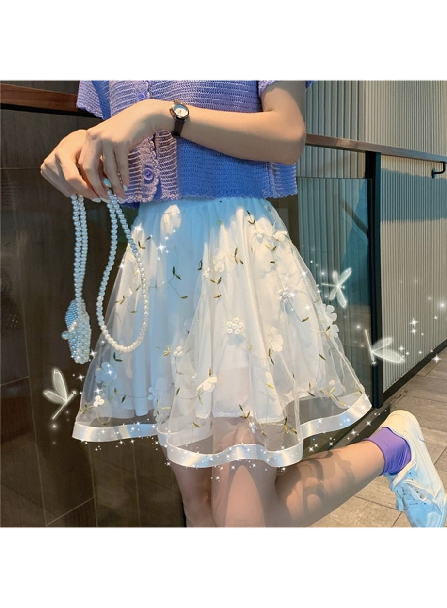 Y2k Preppy Mesh Floral Mini Skirt