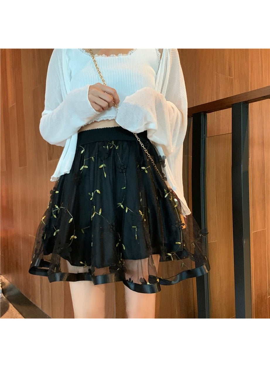 Y2k Preppy Mesh Floral Mini Skirt