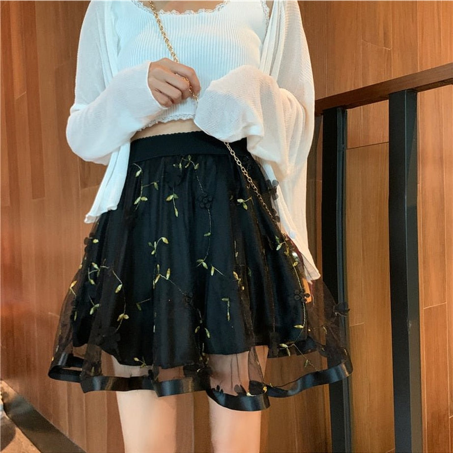 Y2k Preppy Mesh Floral Mini Skirt