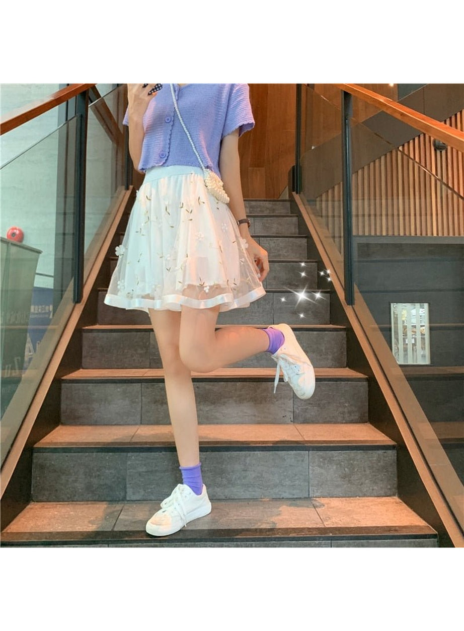 Y2k Preppy Mesh Floral Mini Skirt