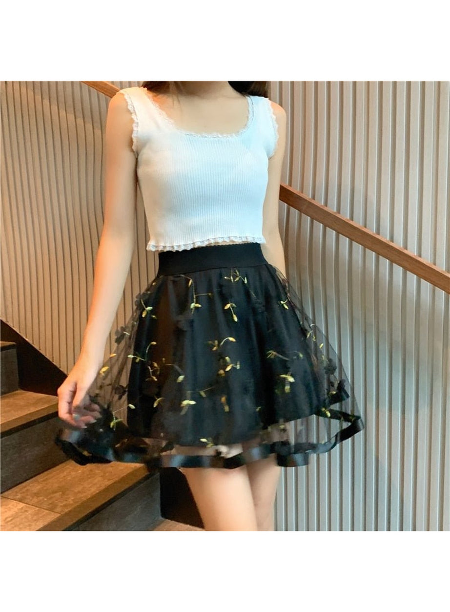 Y2k Preppy Mesh Floral Mini Skirt