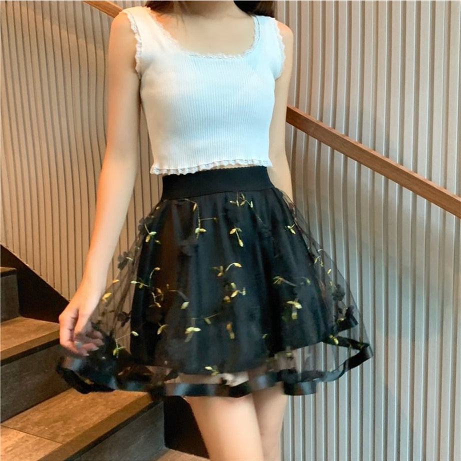 Y2k Preppy Mesh Floral Mini Skirt