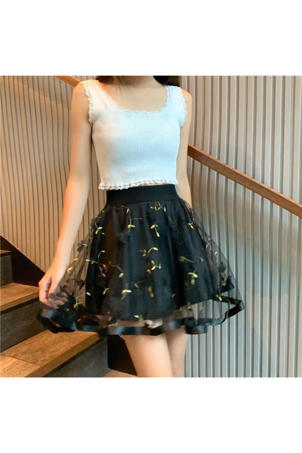 Y2k Preppy Mesh Floral Mini Skirt