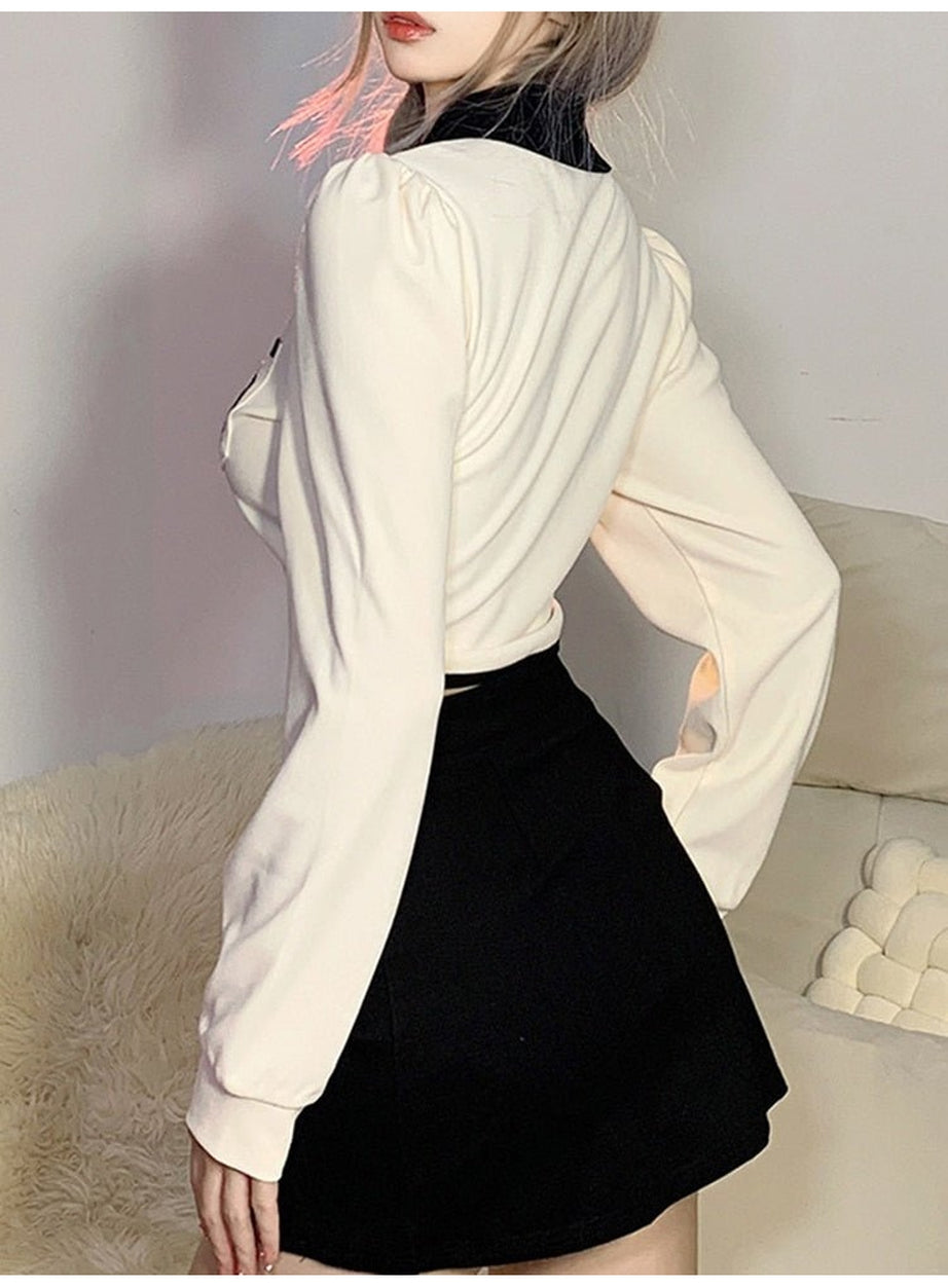 Y2k Preppy Zippered Long Sleeve Crop Top