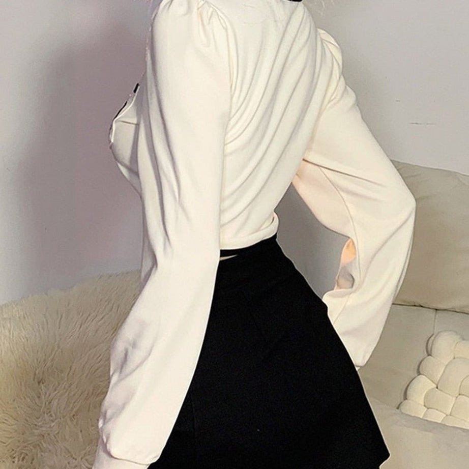 Y2k Preppy Zippered Long Sleeve Crop Top