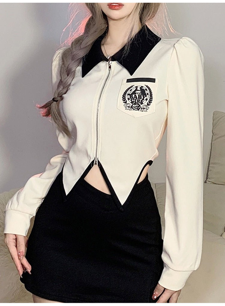 Y2k Preppy Zippered Long Sleeve Crop Top