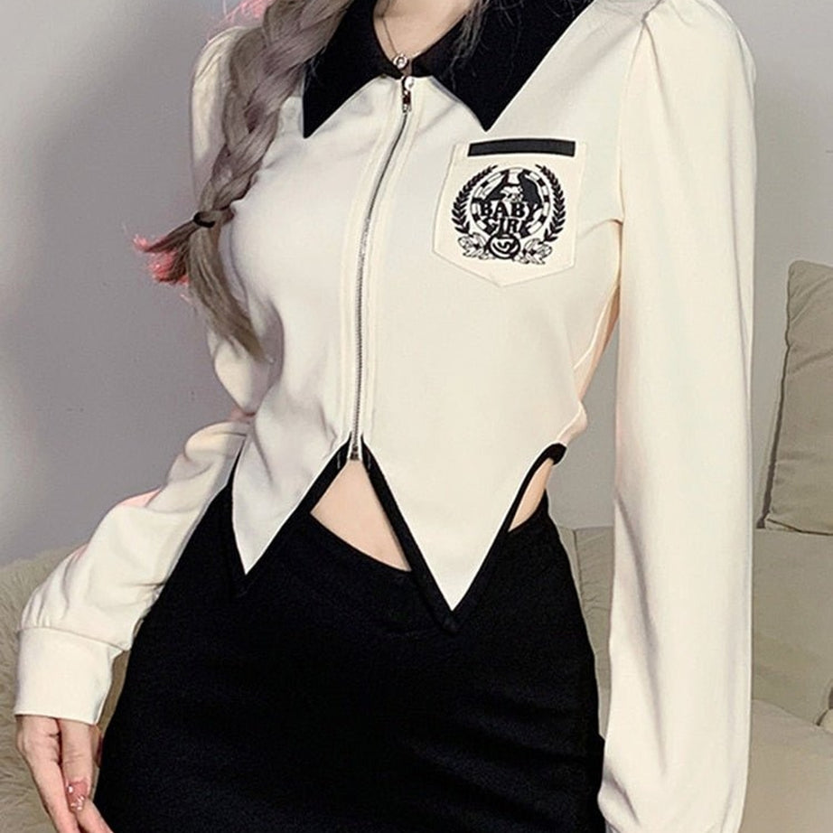 Y2k Preppy Zippered Long Sleeve Crop Top