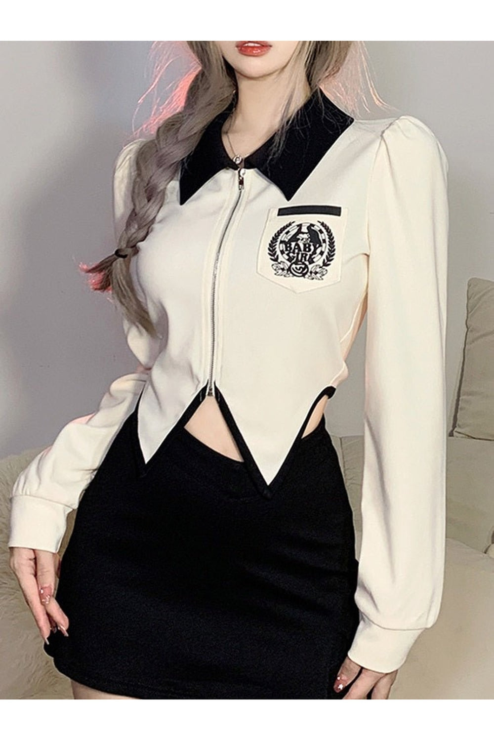 Y2k Preppy Zippered Long Sleeve Crop Top