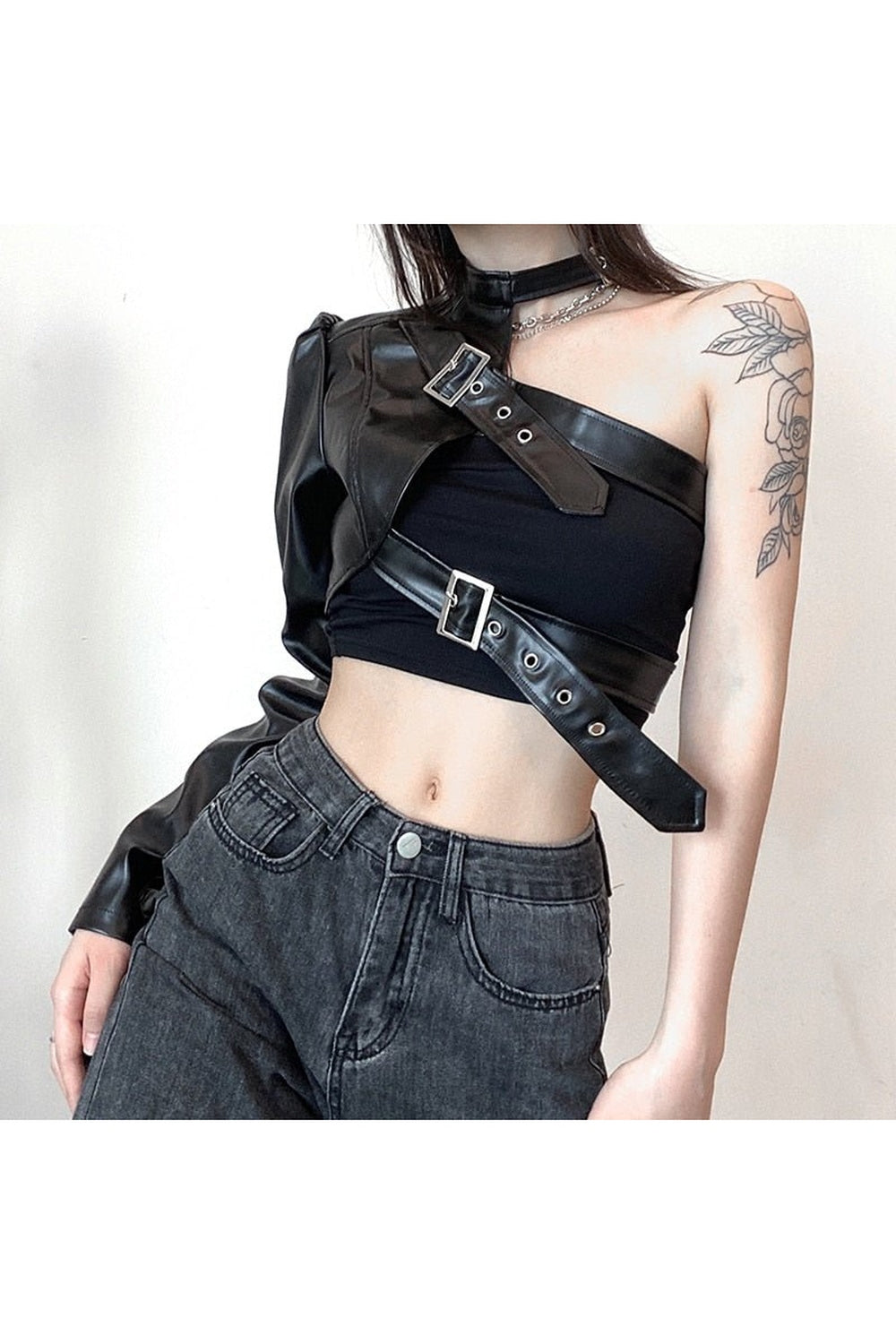 Y2k PU Leather One shoulder Punk Crop Top