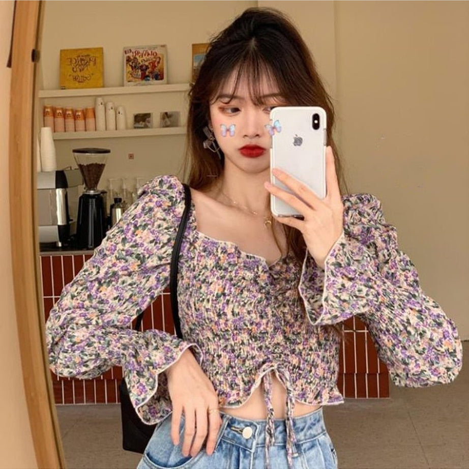 Y2k Puff Sleeve Floral Blouse