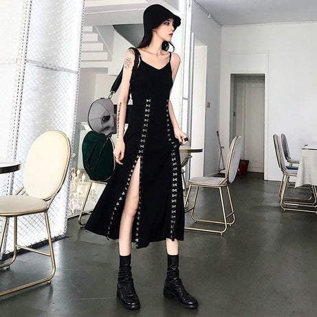 Punk & Goth Metal Buckles Dress - Dresses