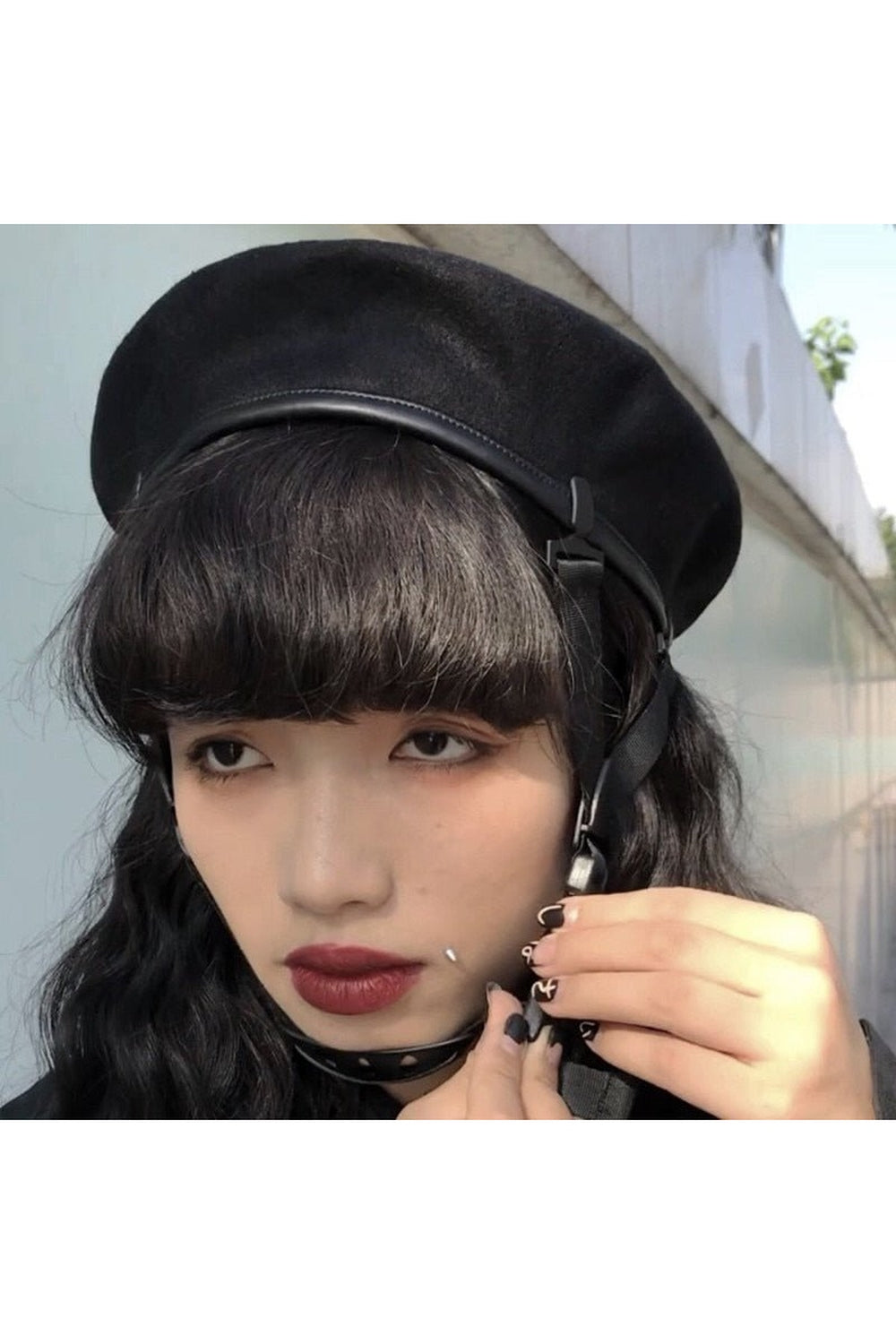 Y2k Punk Style Black Beret Adjustable Buckle