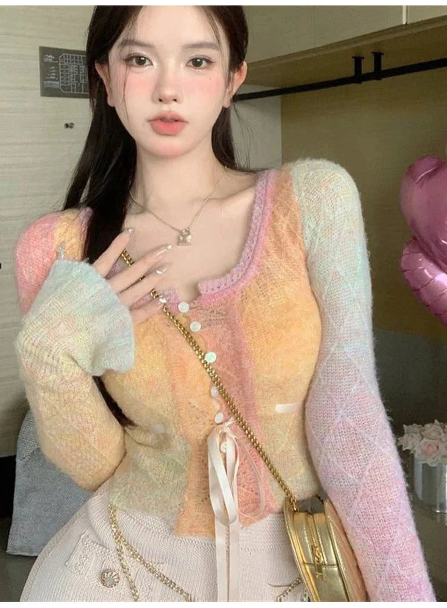 Y2k Rainbow Gradient Lace Cardigan