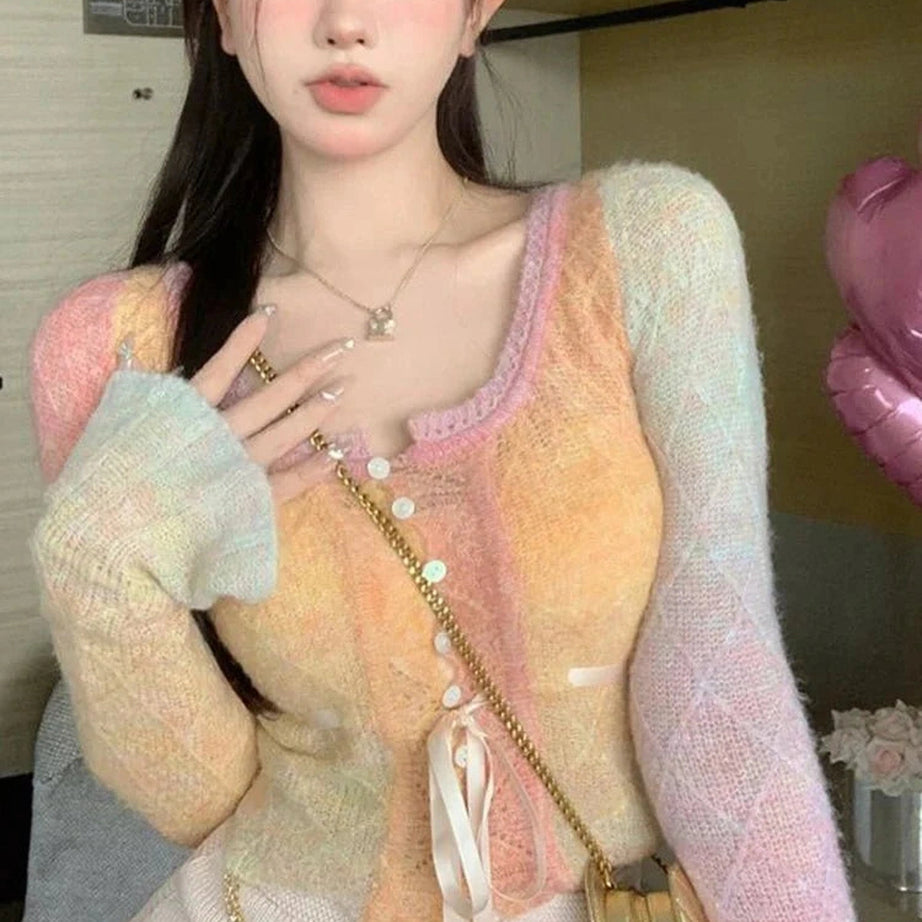 Y2k Rainbow Gradient Lace Cardigan