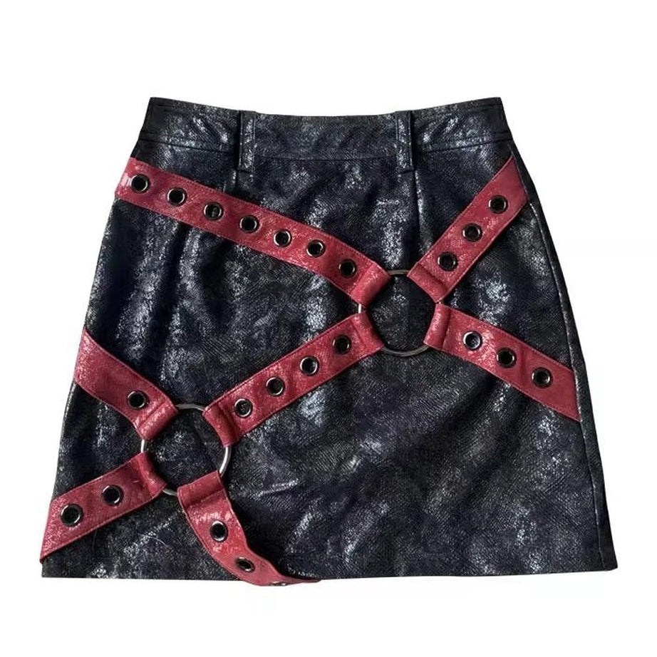 Y2k Red & Black PU Leather Mini Skirt