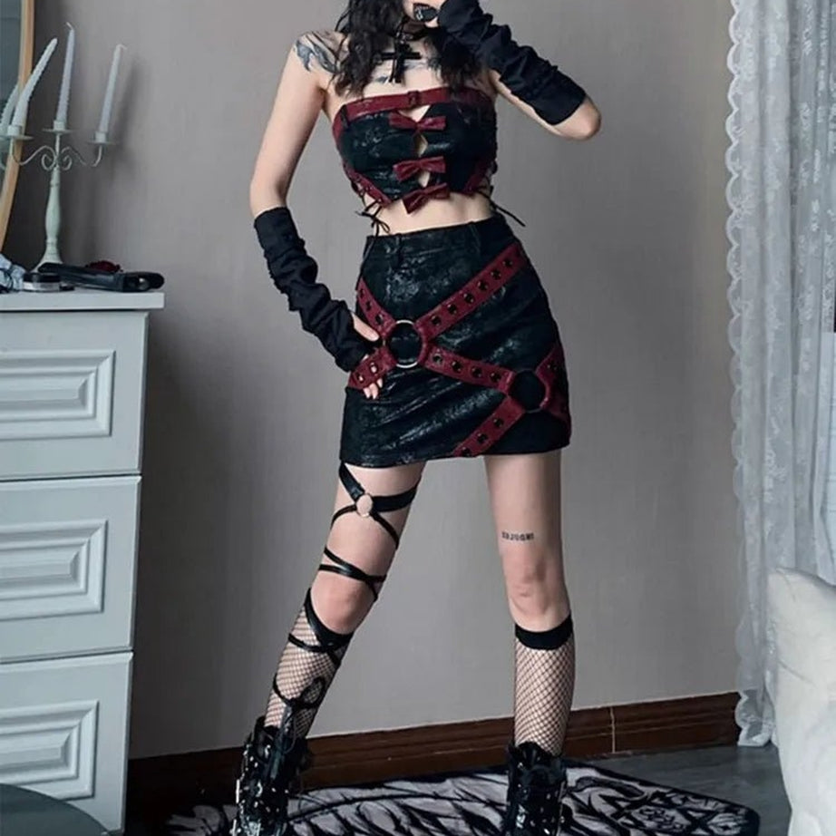 Y2k Red & Black PU Leather Mini Skirt