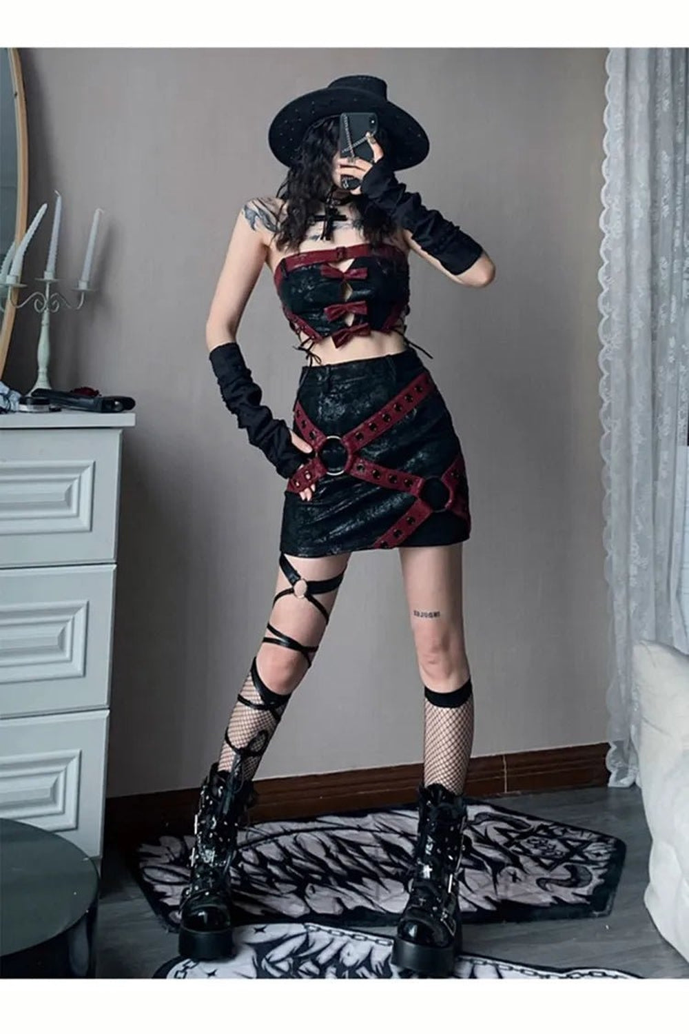 Y2k Red & Black PU Leather Mini Skirt