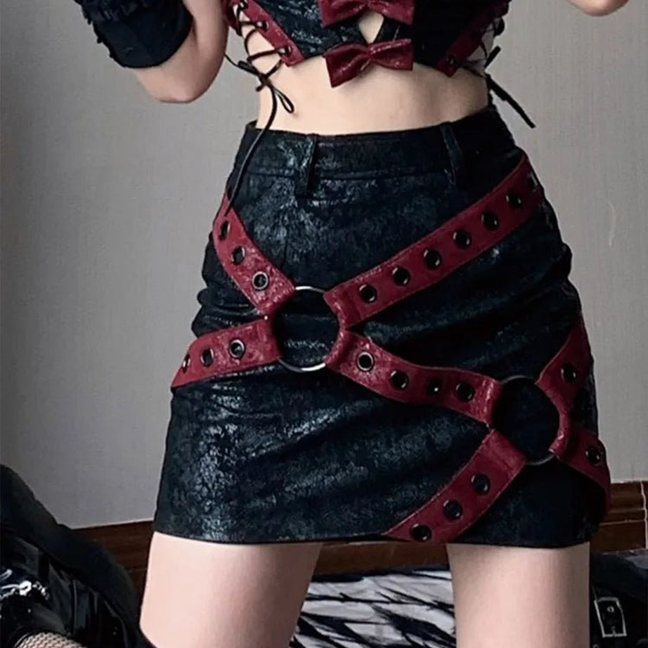 Y2k Red & Black PU Leather Mini Skirt