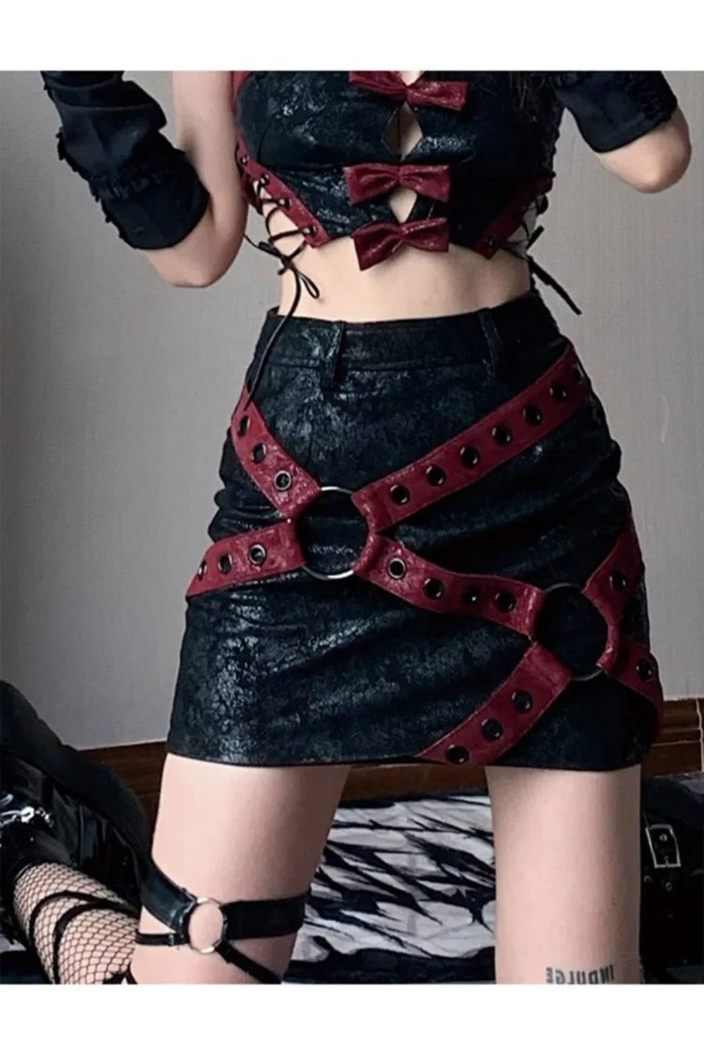 Y2k Red & Black PU Leather Mini Skirt