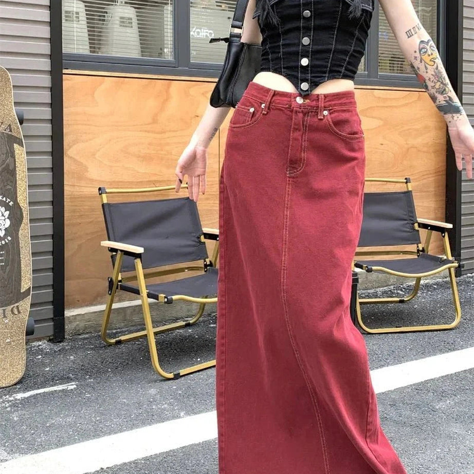 Y2k Red Denim Elegance Floor-Length Skirt