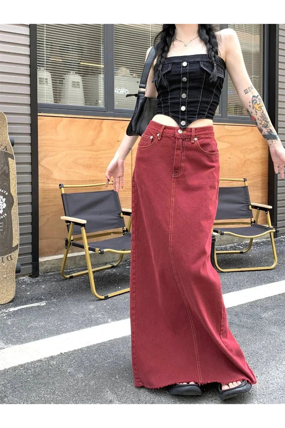 Y2k Red Denim Elegance Floor-Length Skirt