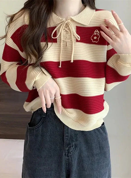 Y2k Red Doll Collar Knit Sweater
