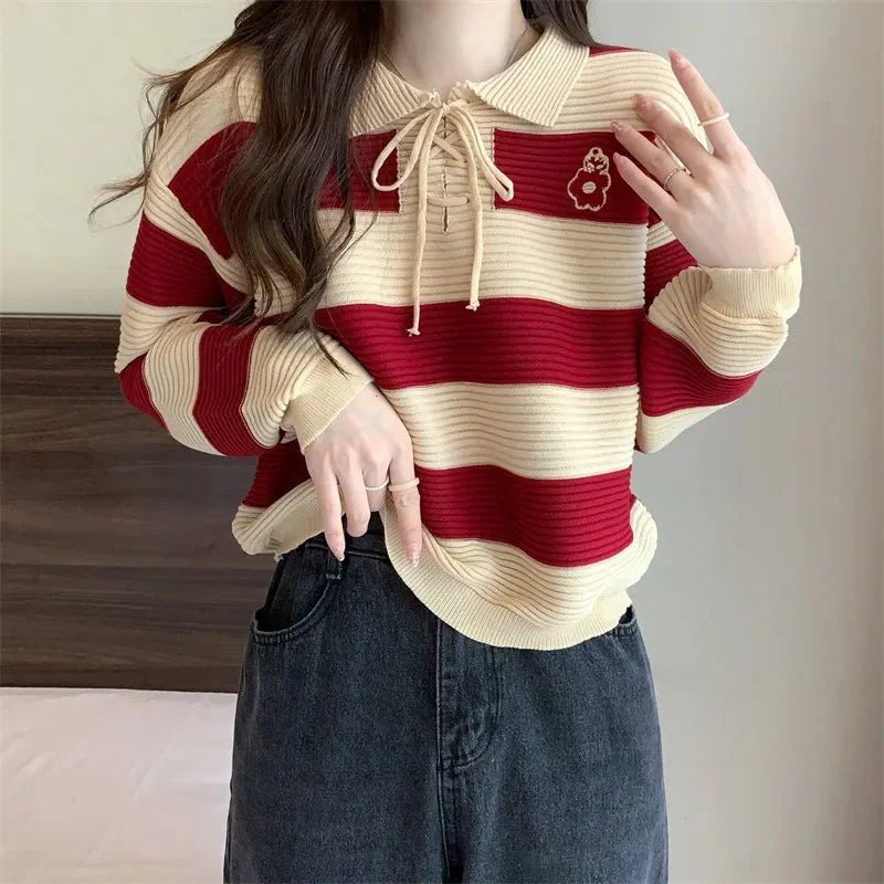 Y2k Red Doll Collar Knit Sweater