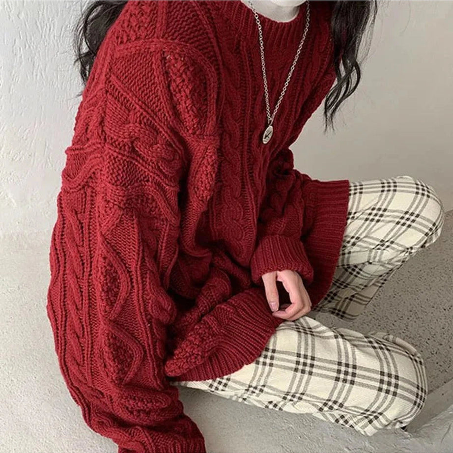 Y2k Red Twist Knit Preppy Sweater