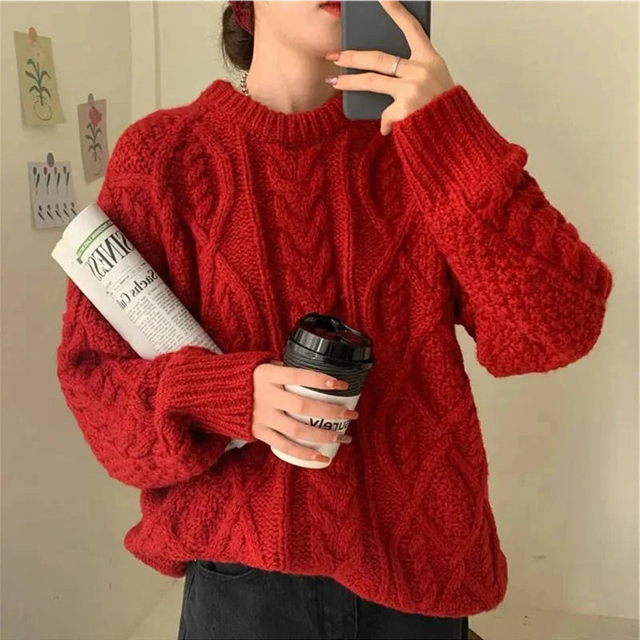 Y2k Red Twist Knit Preppy Sweater