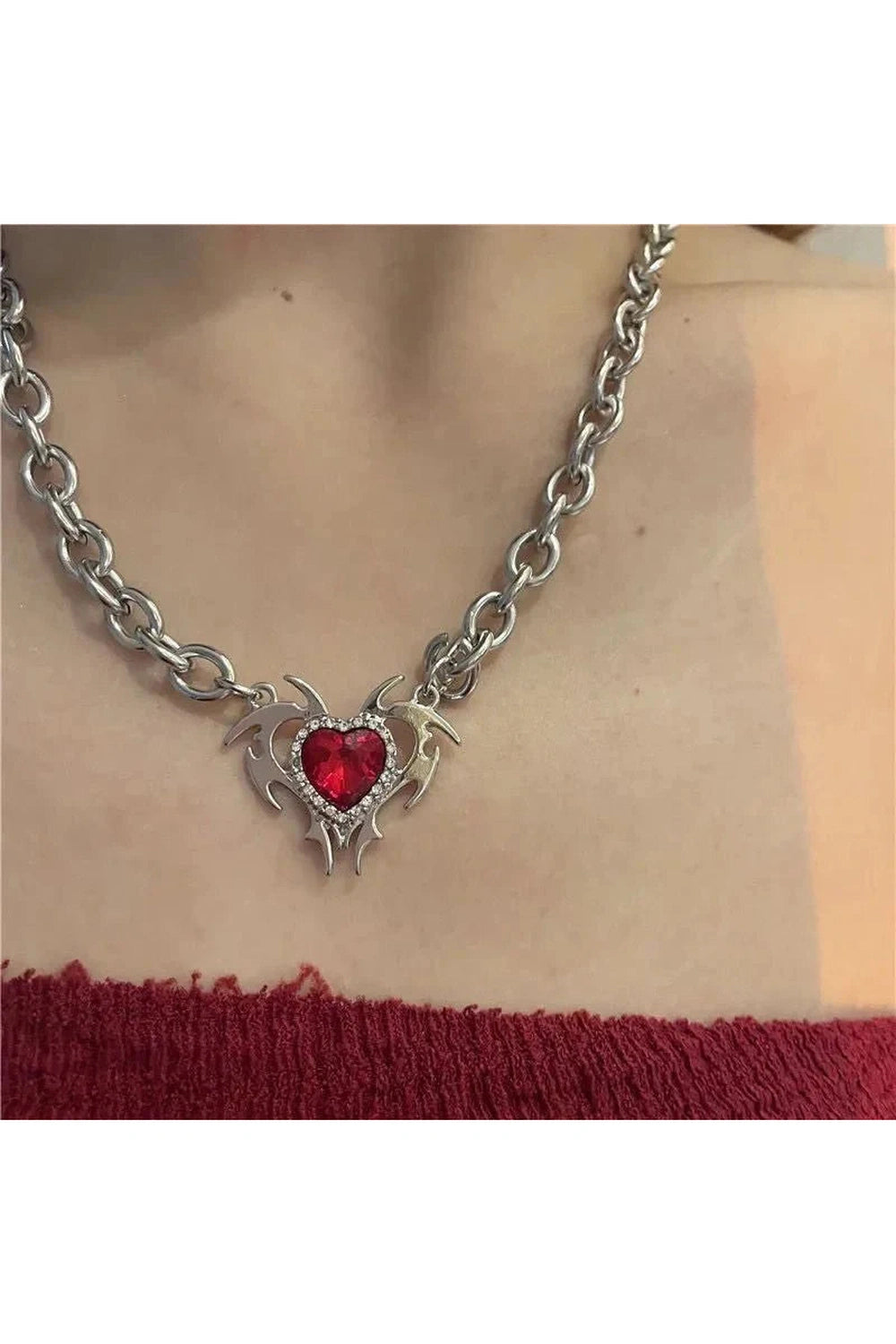 Y2k Red Zircon Love Thick Chain Necklace