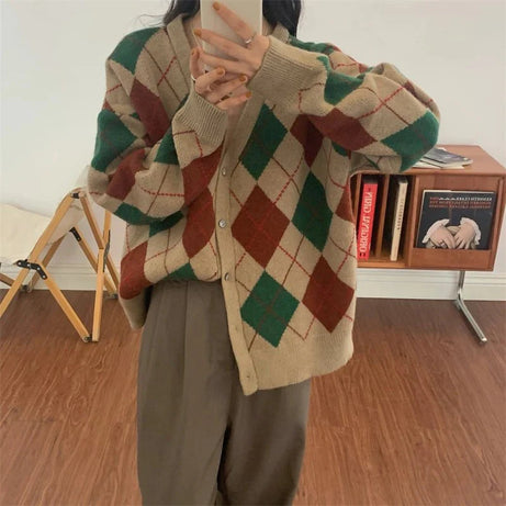 Retro Argyle Knit Cardigan - Cardigans