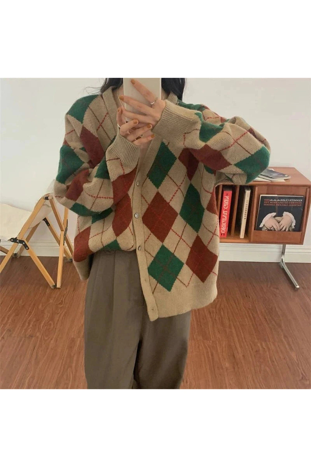 Y2k Retro Argyle Knit Cardigan