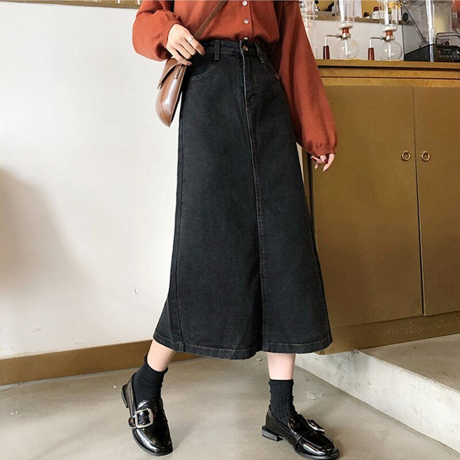 Y2k Retro Fashion Long Black Denim Skirt