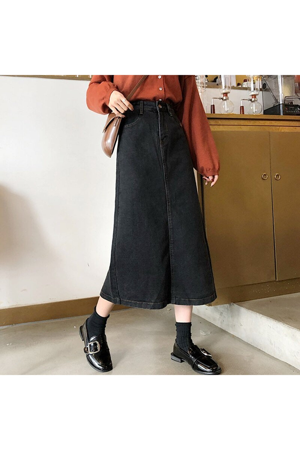 Y2k Retro Fashion Long Black Denim Skirt