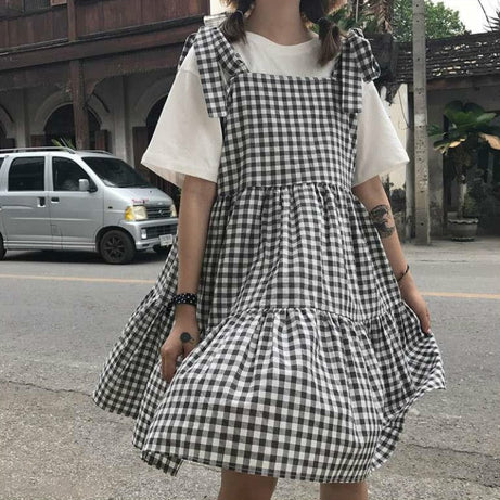 Retro Kawaii Sleeveless Elegant Plaid Dress - Dresses