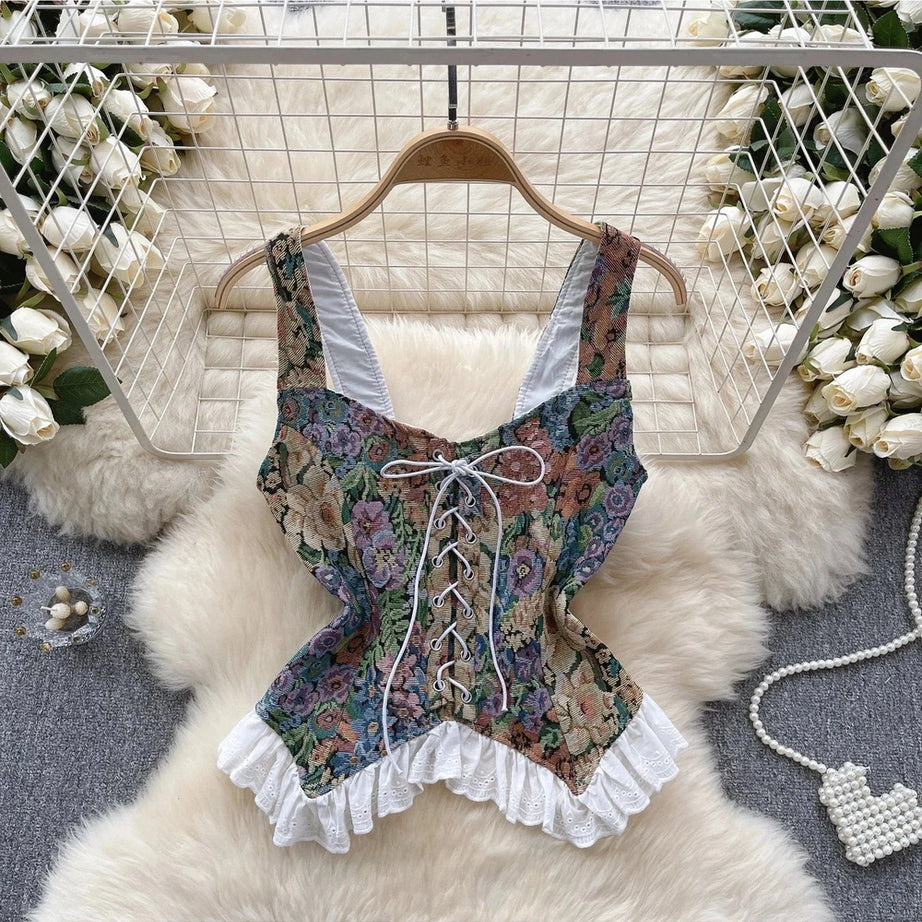 Y2k Retro Print Lace Camis Top