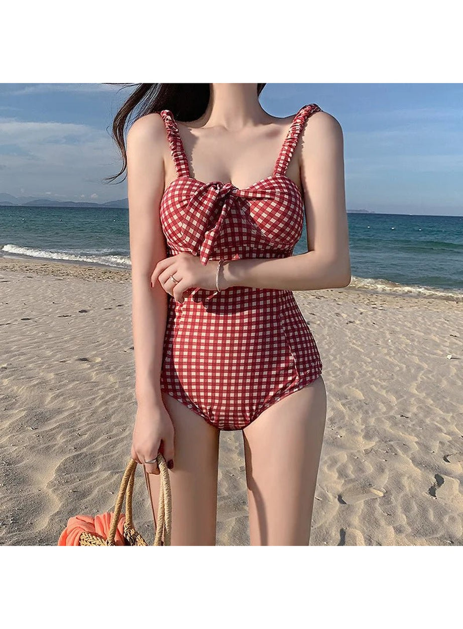 Y2k Retro Red Lattice Swimsuit