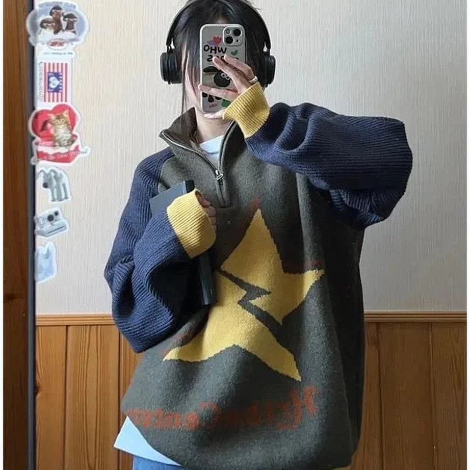 Y2k Retro Star Half-Zip Sweater