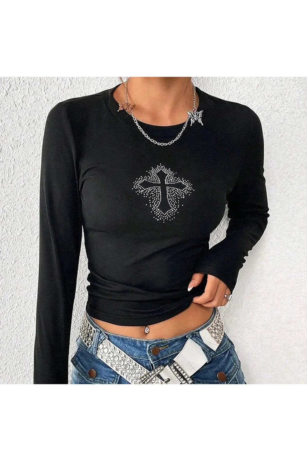 Y2k Rhinestone Gothic Long Sleeve Crop Top