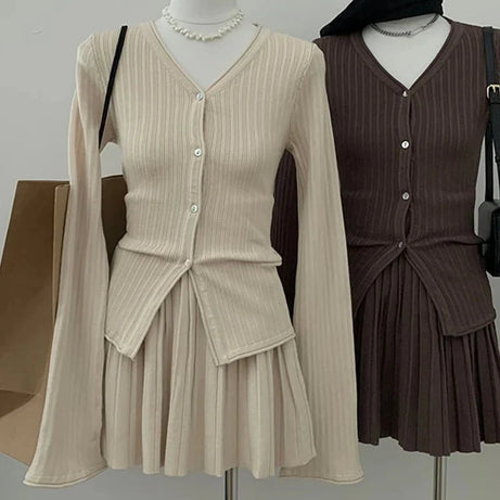 Ribbed Cardigan and Pleated Skirt Set - Outfit Sets