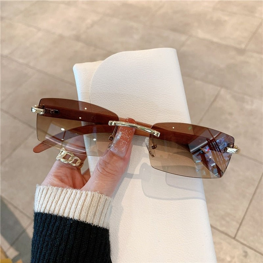 Y2k Rimless Wooden Pattern Sunglasses